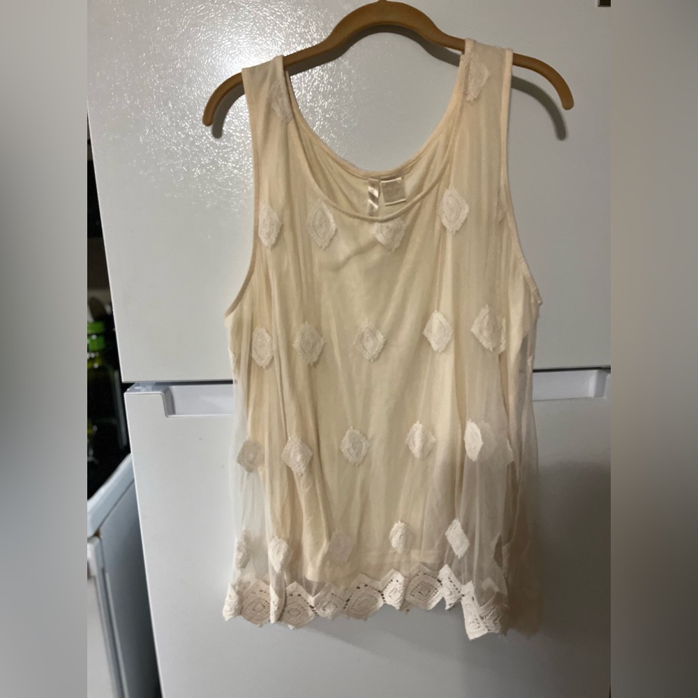 Forgotten Grace Women's Vintage Style Ivory Sleeveless Mesh & Embroidered Top 3X